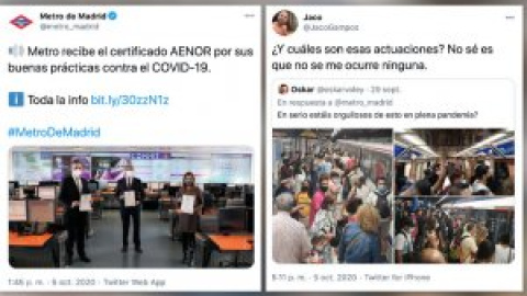 Metro de Madrid presume de un certificado por sus "buenas prácticas" contra la covid y le llueven las críticas: "Se ríen de todo y de todos"