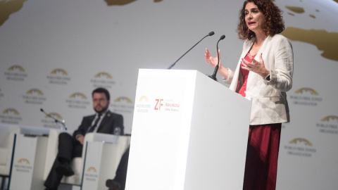 La ministra de Hacienda, María Jesús Montero, durante la inauguración, en Barcelona de la quinta edición del Congreso Mundial de las Zonas Francas. EFE/ Marta Pérez