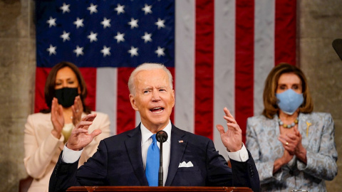 El presidente de EEUU, Joe Biden, pronuncia su dicurso en el Congreso por los primeros 100 días de mandato este miércoles 28 de abril de 2021.