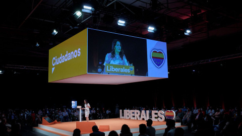 La presidenta de Ciudadanos, Inés Arrimadas, durante el acto de clausura de la convención política del partido, en el espacio para eventos Nube de Pastrana, a 18 de julio de 2021, en Madrid (España).