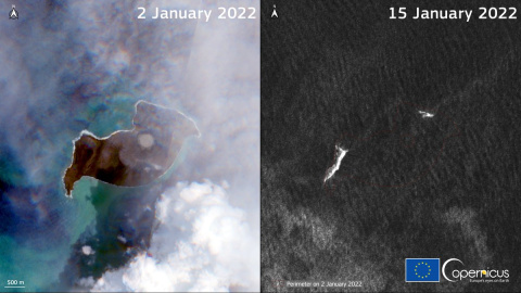 15/01/2022 Comparación de la situación de la isla del archipiélago Tonga a 2 y 15 de enero