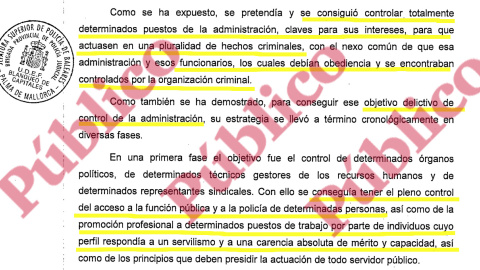 Fragmento del informe final de la Brigada Provincial de la Policía Judicial sobre el entramado de la mafia política y policial de Palma organizada por el PP de Balears.