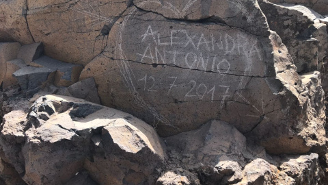 Daños en el almogarén del Bentayga, en Gran Canaria, a causa de un grafiti. Twitter/@GranCanariaCult