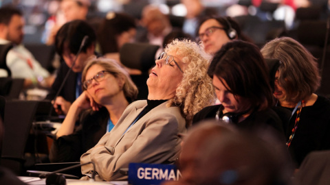 La representante alemana descansa abatida en el último plenario de la COP27 tras una noche de intensas negociaciones.