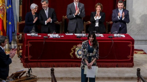 08/01/2019. (I-D) La fiscal general del Estado, María José Segarra; el presidente del Tribunal Supremo y del Consejo General del Poder Judicial, Carlos Lesmes; el rey Felipe VI; la ministra de Justicia, Dolores Delgado; el director de la Escuela Judicia