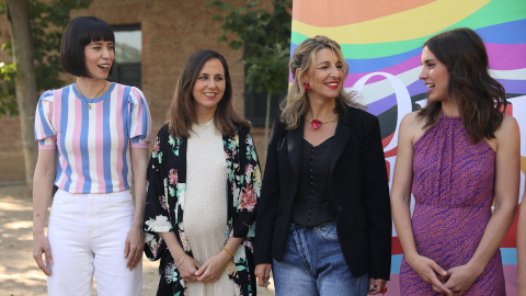 La ministra de Ciencia e Innovación, Diana Morant; la ministra de Derechos Sociales y Agenda 2030, Ione Belarra; la vicepresidenta segunda del Gobierno y ministra de Trabajo, Yolanda Díaz, y la ministra de Igualdad, Irene Montero