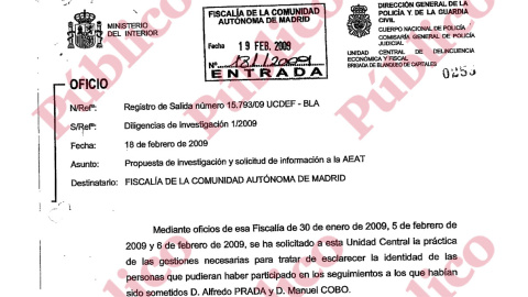 Encabezado de la propuesta de José Luis Olivera a la Fiscalía para investigar el espionaje a Prada y Cobo.