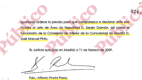 Solicitud de Prada al fiscal Moix para que se tome declaración a Gamón y a Pinto.