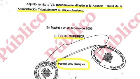 Fragmento del envío a la UDEF del "mandamiento" del fiscal Moix a la Agencia Tributaria solicitando datos confidenciales de investigados.