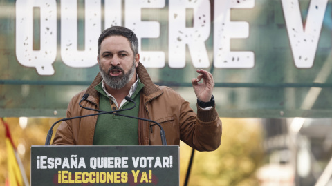 El líder de Vox, Santiago Abascal, en la plaza de Colón de Madrid.