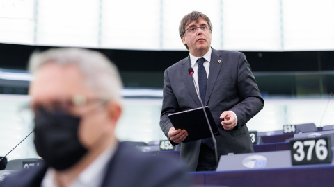 L'expresident de la Generalitat i eurodiputat de Junts, Carles Puigdemont, durant una intervenció al Parlament Europeu.