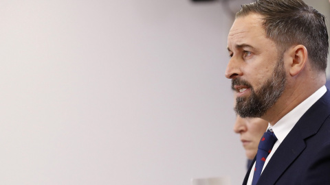 27/06/2019.- El líder de Vox, Santiago Abascal, durante una rueda de prensa en el Congreso. / EFE - BALLESTEROS