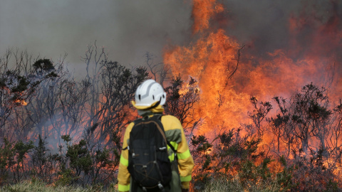 Un efectivo de la Xunta con base en Becerreá trabajan para extinguir las llamas en un incendio forestal, a 29 de marzo de 2023, en Baleira, Lugo, Galicia (España).