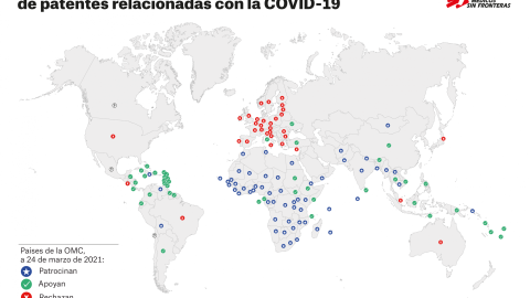 Mapa de apoyo y rechazo a la supresión de patentes en la OMC.