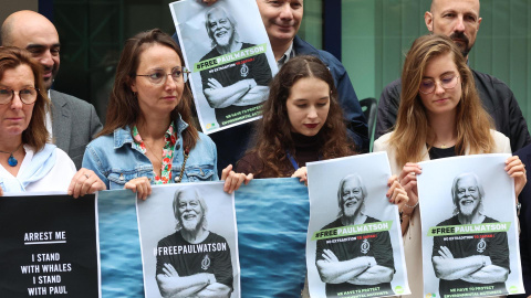 Los eurodiputados de los Verdes/ALE se manifiestan en apoyo del fundador de la ONG Sea Shepherd, Paul Watson, frente a la Embajada de Dinamarca en Bruselas (Bélgica), el 5 de septiembre de 2024.