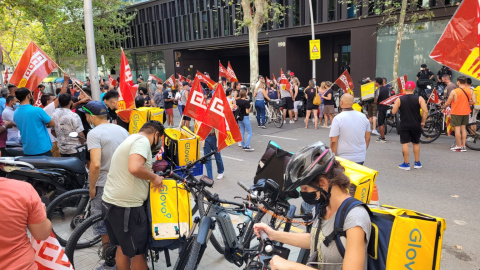 Una imatge de l'inici de la vaga dels treballadors dels supermercats Glovo, de fa unes setmanes.