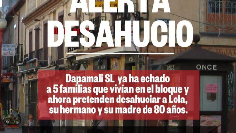 Convocatoria del Sindicato de Inquilinas para parar el desahucio de Lola y su madre, de 79 años.