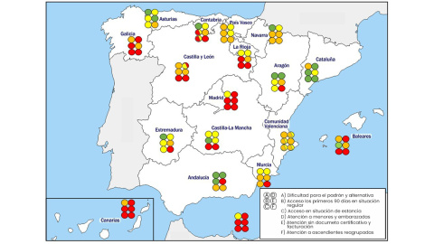 Mapa de la calidad de la asistencia sanitaria para migrantes en todas las comunidades autónomas de España.