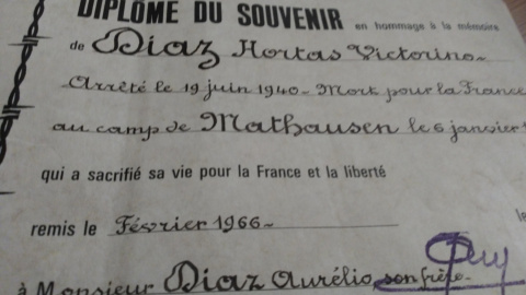 Diploma del Gobierno francés en honor de Victorino Díaz Hortas, "muerto en defensa de Francia"