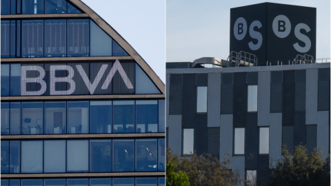 Los logos de BBVA y de Banco Sabadell en sus respectivas sedes en la zona norte de Madrid, y en San Cugat del Vallés (Barcelona). E.P.