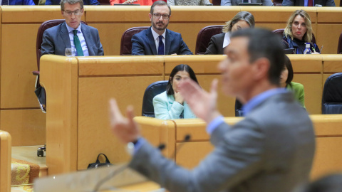 El líder del PP, Alberto Núñez Feijóo (i) junto al senador del PP, Javier Maroto, escuchan la intervención presidente del Gobierno, Pedro Sánchez, en el pleno del Senado donde informa de las últimas medidas económicas y fiscales del Ejecutivo y el