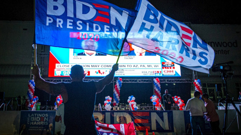 04/11/2020.- Simpatizantes del ex vicepresidente y candidato demócrata a la presidencia, Joe Biden, ondean banderas.