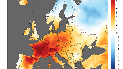 Mapa que muestra las anomalías en la temperatura (° C) estimadas a partir de ERA5 durante los 5 días del 25 al 29 de junio de 2019. (Crédito: ECMWF, Servicio de Cambio Climático de Copernicus).