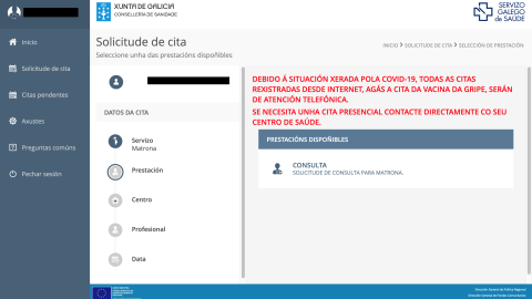 Portal web del Sergas. Debido a la situación generada por la covid-19, todas las citas serán de atención telefónica.