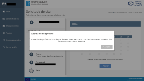 El portal web anuncia que no hay citas posibles para el médico de cabecera.