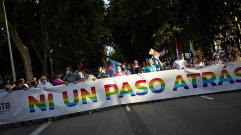 Varias personas durante la manifestación del Orgullo LGTBI, el pasado 3 de julio de 2021, en Madrid.