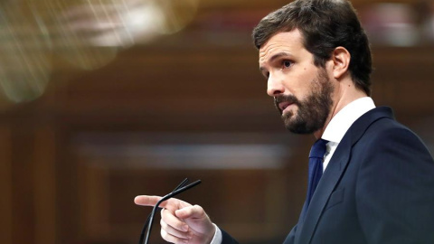 El presidente del Partido Popular, Pablo Casado, interviene durante el pleno del Congreso de los Diputados, este miércoles en Madrid.