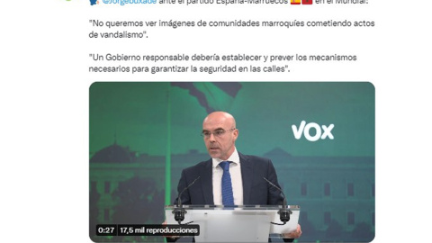 Imagen del tuit publicado desde la cuenta de Vox un día antes del partido entre España y Marruecos.