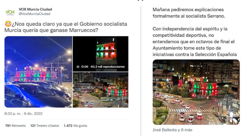 Imágenes de los tuits lanzados desde Vox y PP sobre las luces de Navidad en Murcia.