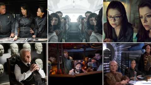 De izq. a der,y de arriba a abajo, imágenes de las series 'Battlestar Galactica', 'Black Mirror','Orphan Black', 'Westworld', 'The Expanse', y 'Babylon'.