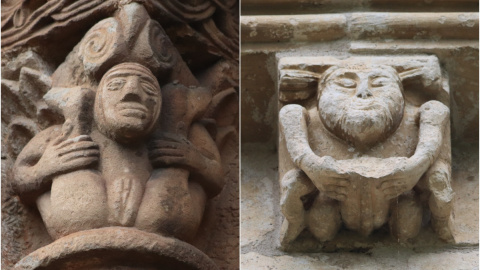 Una dama y un noble mostrando sus genitales en la colegiata de San Pedro de Cervatos y en la iglesia de Nuestra Señora de la Asunción de Añua.