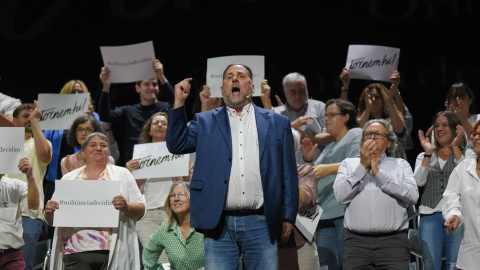 El expresidente de ERC, Oriol Junqueras, durante la presentación de la candidatura 'Militancia Decidim', en el Teatre La Passió, a 21 de septiembre de 2024, en Olesa de Montserrat, Barcelona, Catalunya (España).