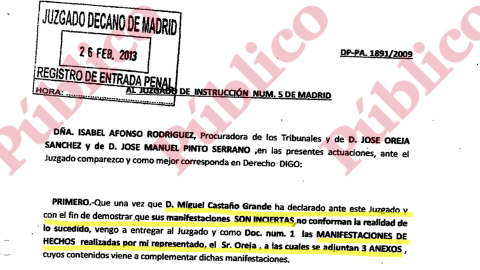 Escrito de Oreja al Juzgado 5 con las pruebas de que Castaño ha mentido en su declaración sobre el caso espionaje del PP.