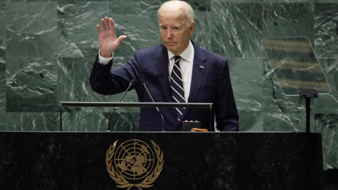 Joe Biden saluda a la audiencia tras su discurso en la Asamblea General de las Naciones Unidas, a 24 de septiembre de 2024, en Nueva York.