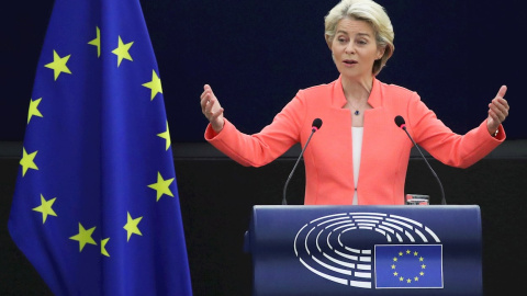 La presidenta de la Comisión Europea, Ursula von der Leyen, durante el debate sobre 'El estado de la Unión Europea' en el Parlamento Europeo en Estrasburgo, Francia, el 15 de septiembre de 2021.