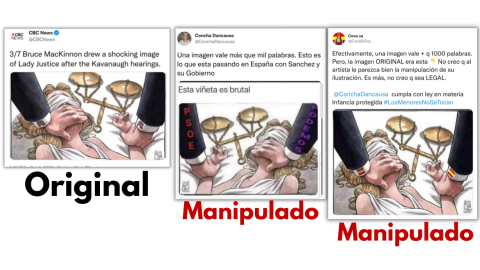 Imagen combinada del caricaturista canadiense Bruce MacKinnon junto a otras dos viñetas manipuladas.