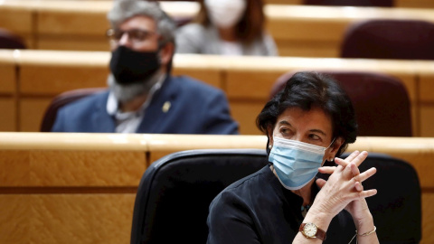 La ministra de Educación, Isabel Celaá durante la sesión de control al Gobierno, esta tarde en el Senado.