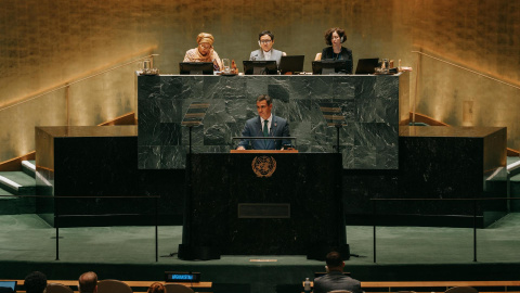 El presidente del Gobierno, Pedro Sánchez, durante su intervención en el debate general de la Asamblea de la ONU.