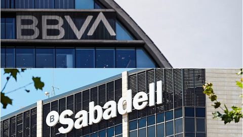 Los logos de BBVA y de Banco Sabadell, en sus respectivas sedes de Madrid y de Barcelona. EFE