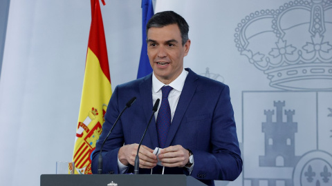 El presidente del Gobierno, Pedro Sánchez, en rueda de prensa tras la reunión del Consejo de Ministros, este martes en el Palacio de la Moncloa.