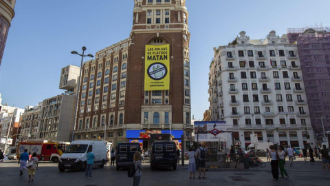 Pancarta de Greenpeace en el Palacio de la Prensa/Greenpeace