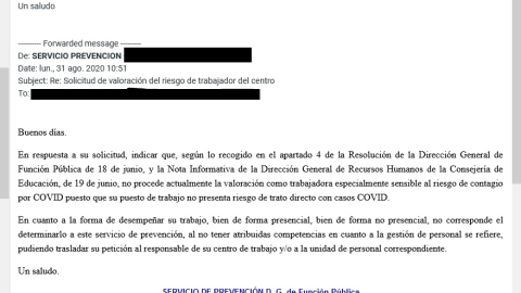 Respuesta del servicio de Prevención ante la petición de valoración del puesto de trabajo.