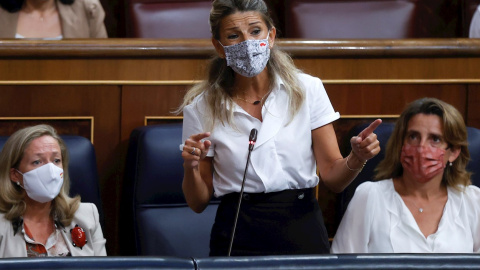 La vicepresidenta segunda y ministra de Trabajo y Economía Social, Yolanda Díaz, durante la sesión de control al Gobierno celebrada este miércoles en el Congreso.