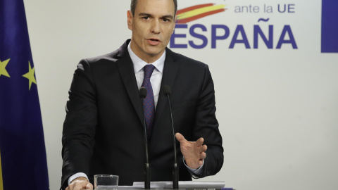 El presidente del Gobierno, Pedro Sánchez, en la rueda de prensa ofrecida desde Bruselas este jueves.