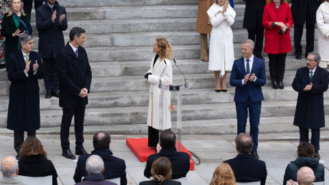 06/12/2022.- La presidenta del Congreso, Meritxell Batet, interviene durante el acto institucional por el Día de la Constitución, acompañada de Pedro Sánchez, Pedro González-Trevijano y Ander Gil. Eduardo Parra / Europa Press