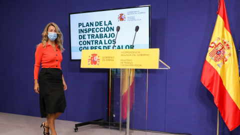 La vicepresidenta segunda del Gobierno y ministra de Trabajo y Economía Social, Yolanda Díaz, a su llegada a la presentación del plan de actuación de la Inspección de Trabajo frente al golpe de calor, en la sede del Ministerio, el pasado julio. E.P./